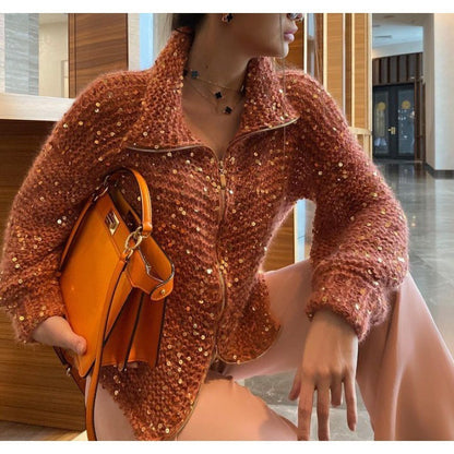 ANNA - Manteau en maille à sequins au style western chic